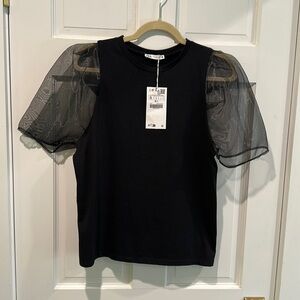 Zara black T-shirt with sheer sleeves, small, NWT